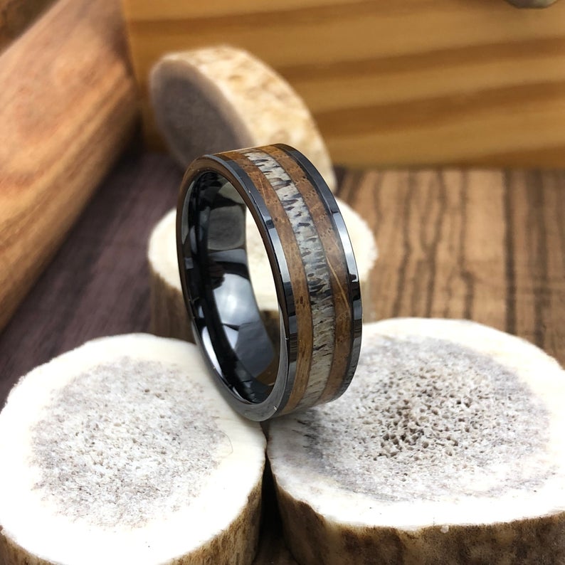 Handmade Deer Antler and Wood Men's Wedding Ring 9.5 (8mm)