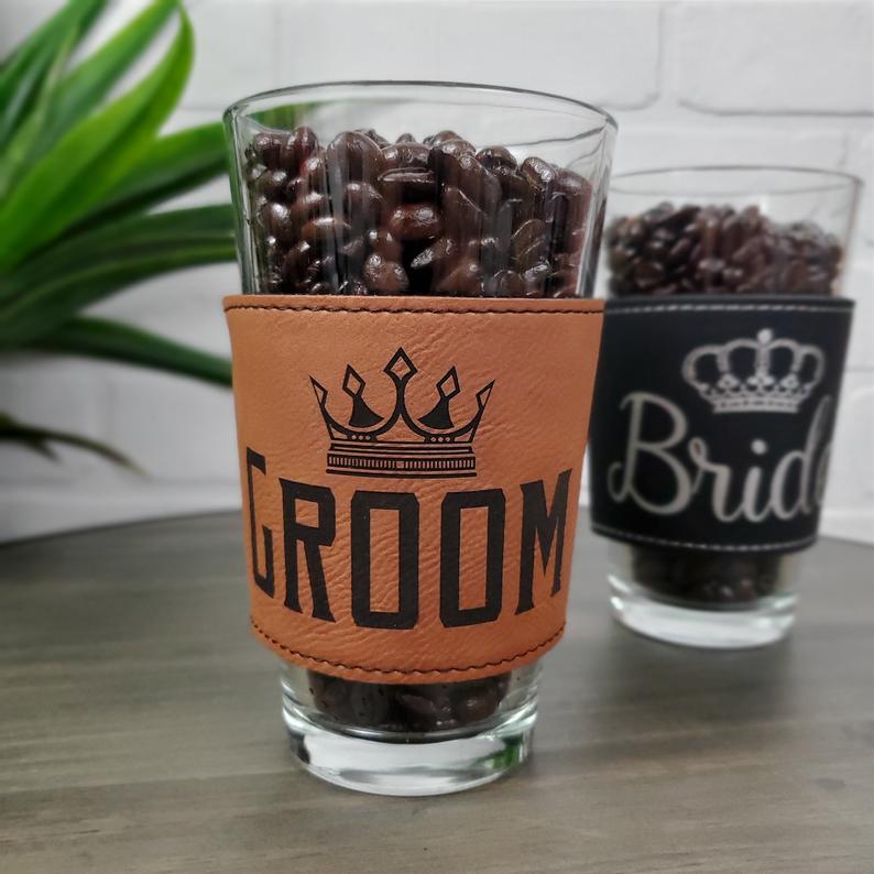 Bride and Groom Leather Insulated Pint Glass Sleeve - Set of 2 - TheirBigDay
