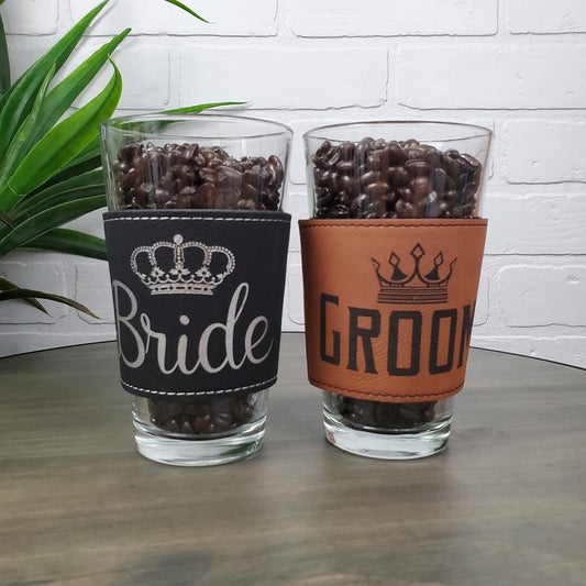 Bride and Groom Leather Insulated Pint Glass Sleeve - Set of 2 - TheirBigDay