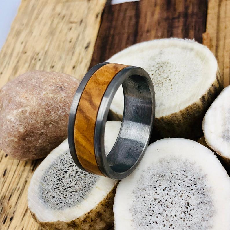 Classic Tungsten and Olive Wood Wedding Band - TheirBigDay
