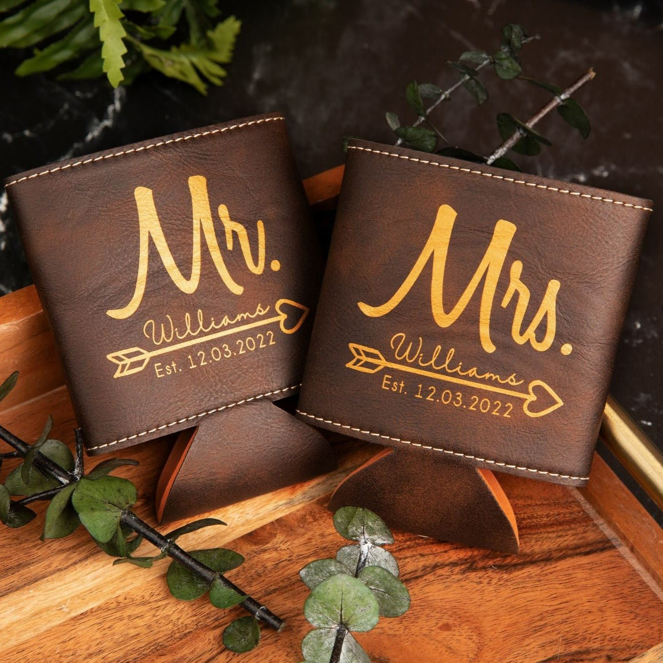Personalized Mr. and Mrs. Leather Insulated Koozie - Set of 2 - TheirBigDay