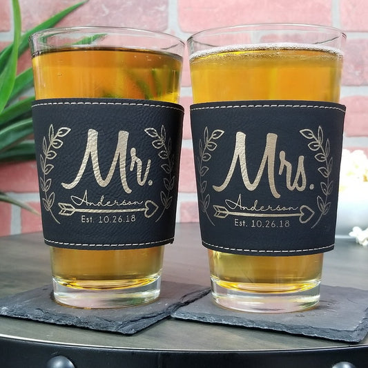Personalized Mr. and Mrs. Leather Insulated Pint Glass Sleeve - Set of 2 - TheirBigDay
